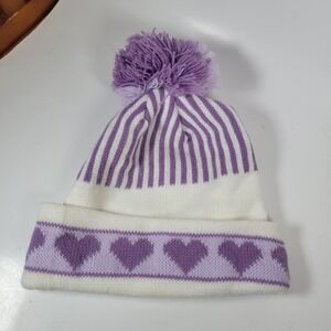 Vintage 1980s  Winter Pom Beanie Cream Purple White Hearts